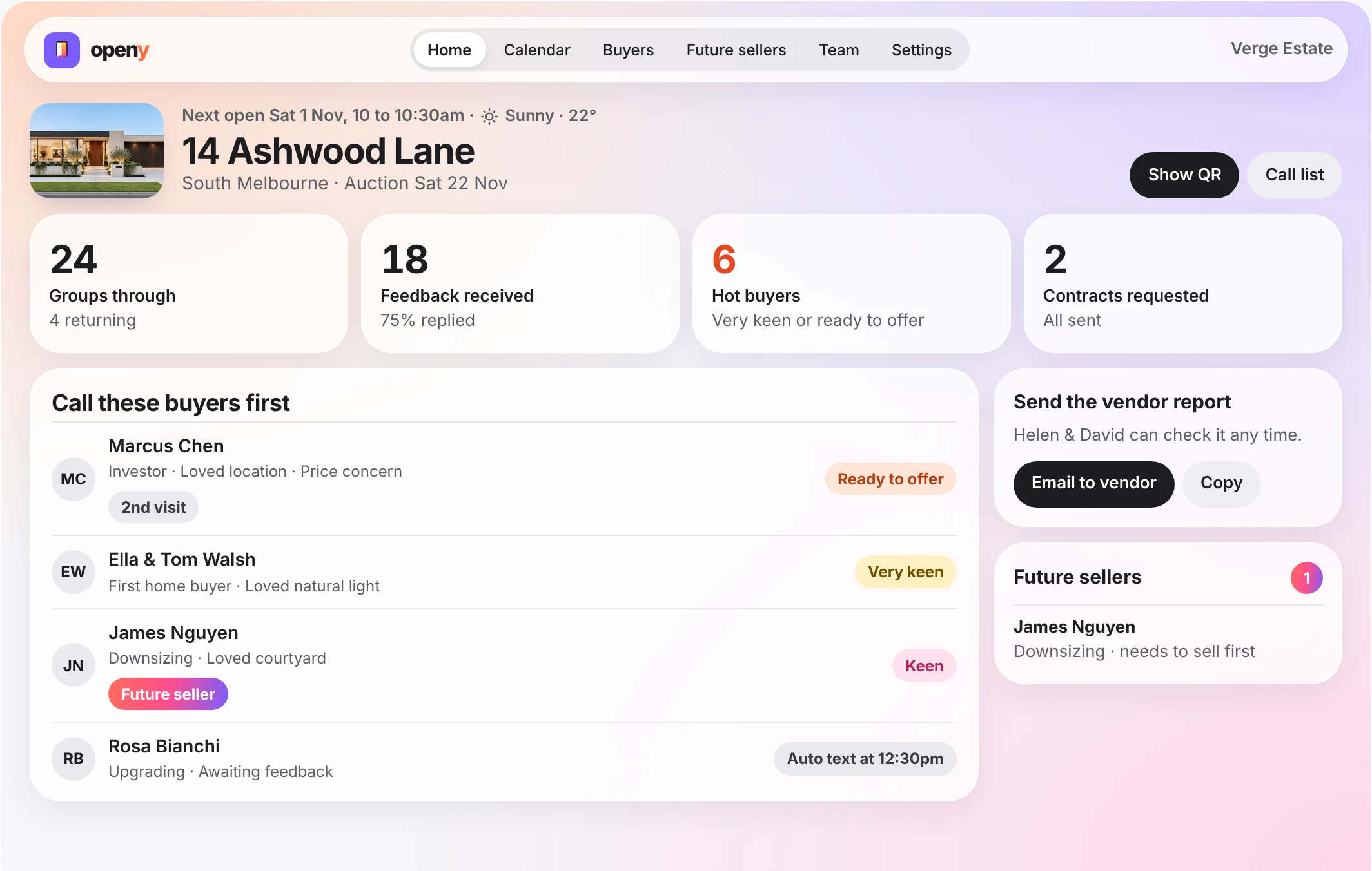 The Openy agent dashboard: groups through, feedback received, hot buyers and a call list