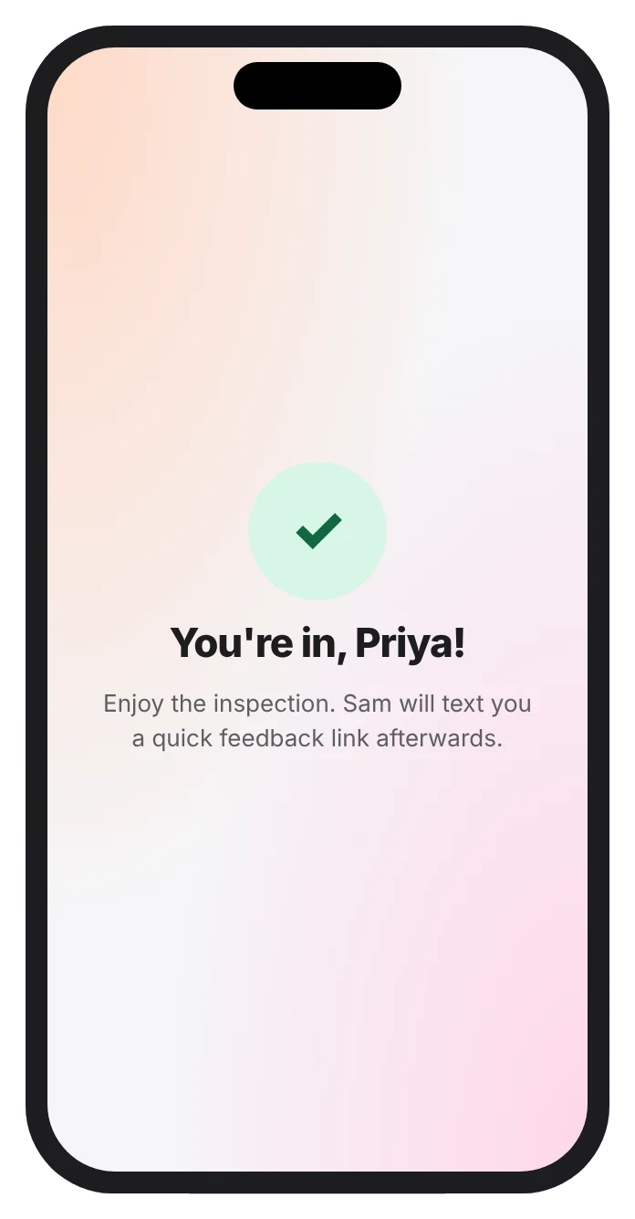Openy confirmation screen: You're in, Priya