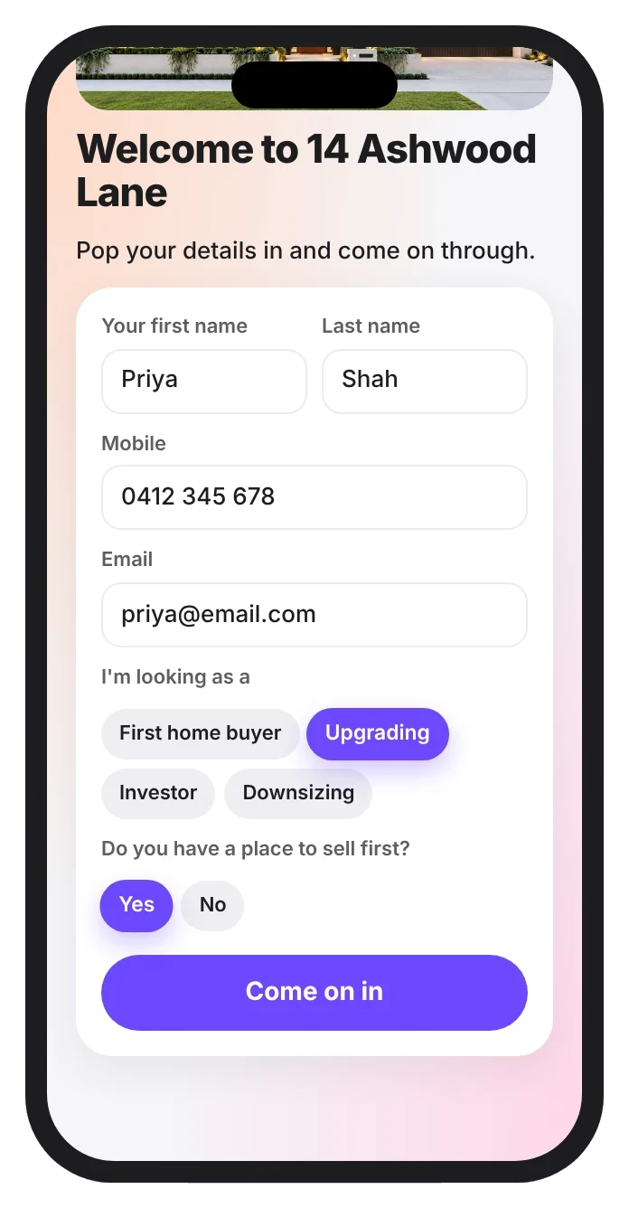 A buyer signing in to an open home on their own phone with Openy