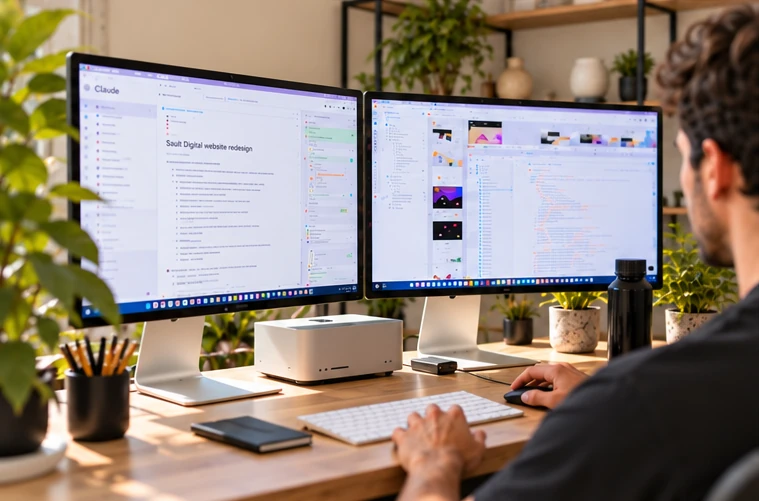 Designer working across two screens in the Sault Digital studio in Melbourne